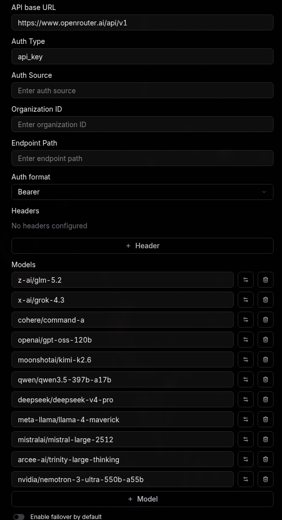 OpenRouter configured as a Braintrust AI provider: base URL, api_key auth, Bearer format, and a list of model IDs