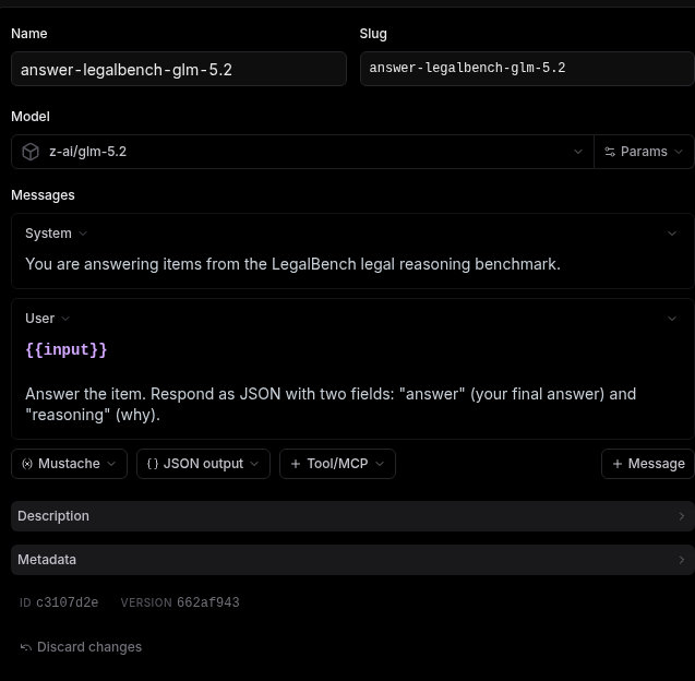 The Braintrust prompt config: name, model, system and user messages, and JSON output enabled
