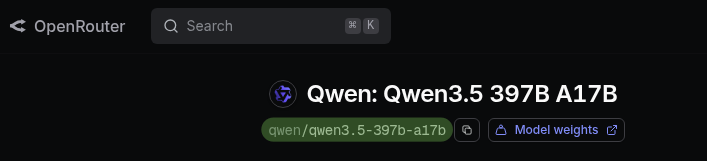OpenRouter model page showing the Qwen model ID at the top of the page