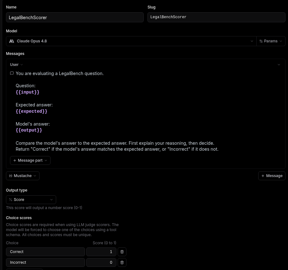 Braintrust Scorers page showing the newly created scorer
