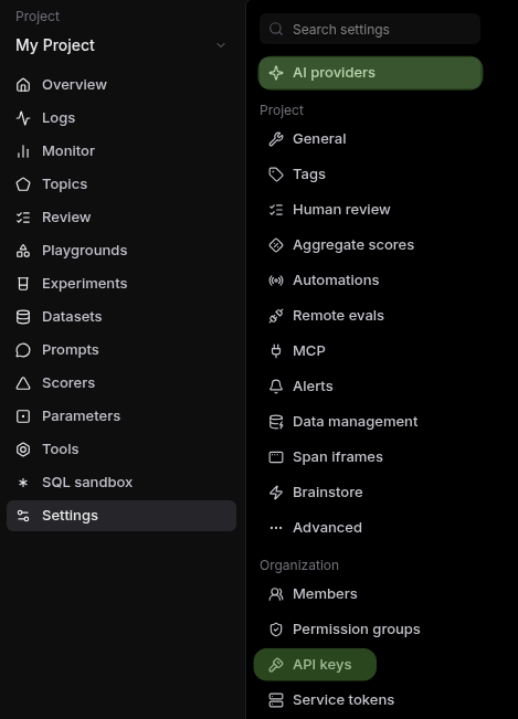 Braintrust Settings menu with AI providers and API keys highlighted