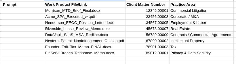 Screenshot of a spreadsheet with Prompt, Filename, Client Matter Number, and Practice Area columns
